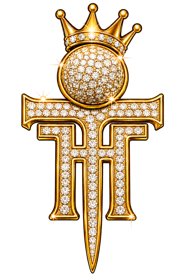 Tiger Hoods gold and diamond TH logo with crowned golf ball
