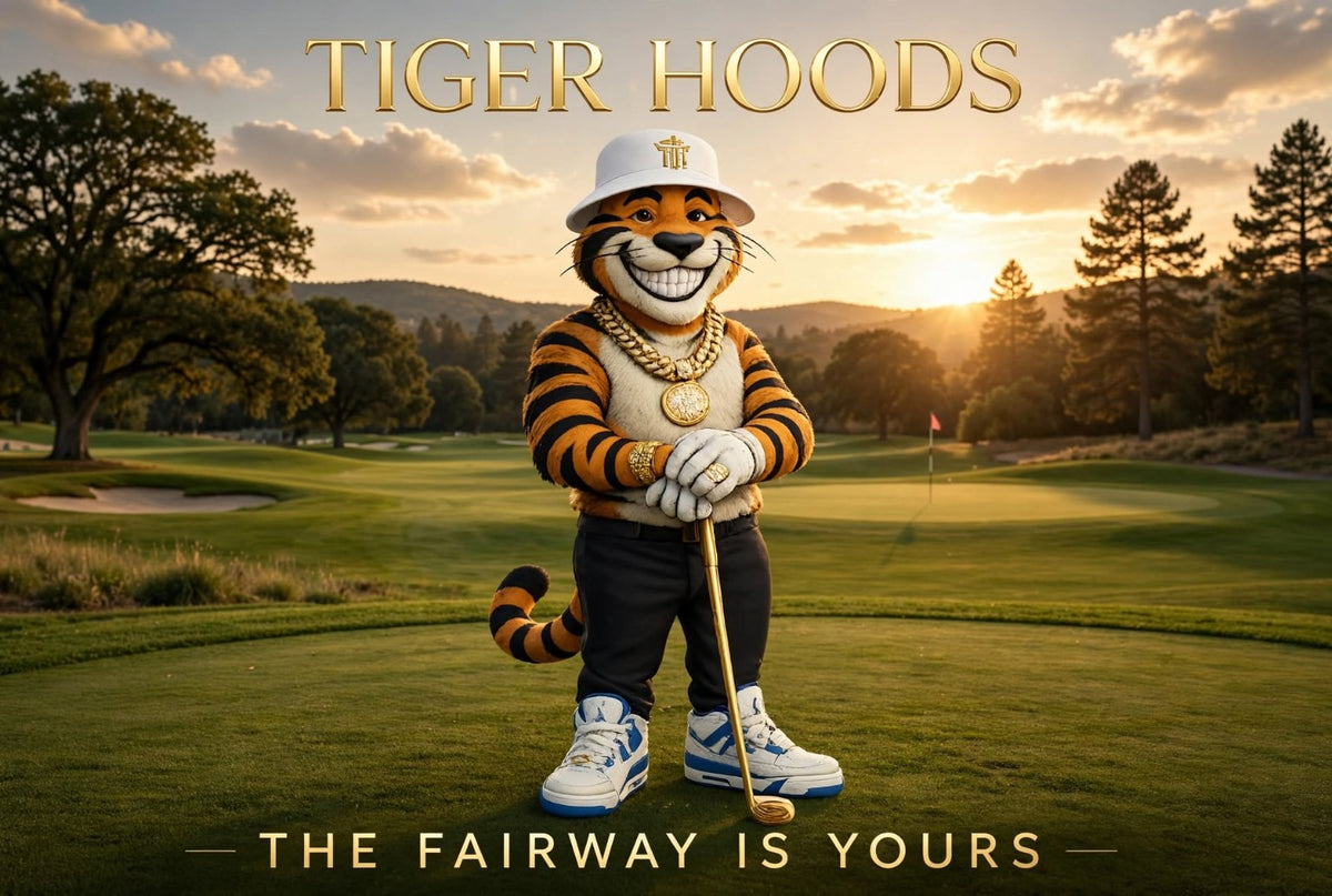 Tiger Hoods mascot on a golf course at sunset. The fairway is yours.
